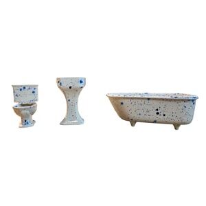 Ceramic miniature bathroom fixtures white glaze blue speckle splatter patterns